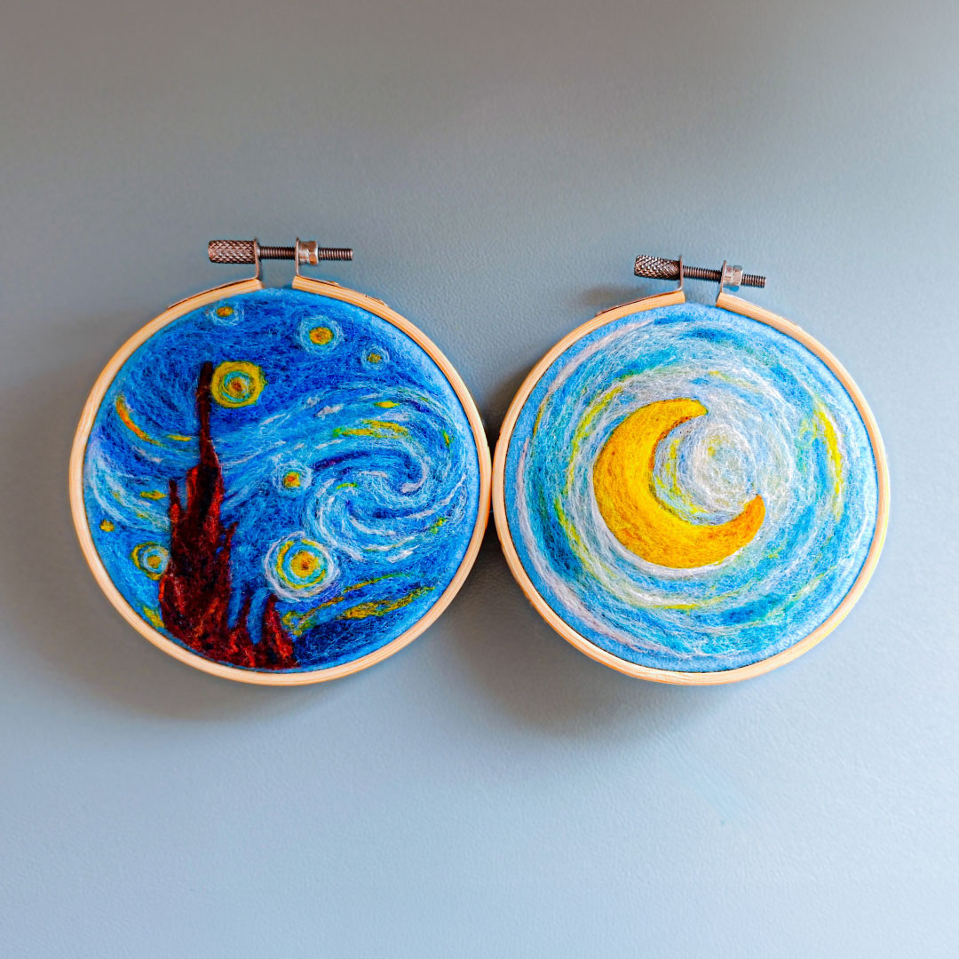 Pintar con lana: Edición "La Noche Estrellada" - Felting sobre bastidor